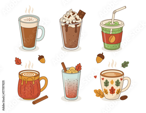 Hot drink mug autumn coffee chocolate latte. Cocoa drink autumn hot mug tea vector cozy illustration winter cartoon design
