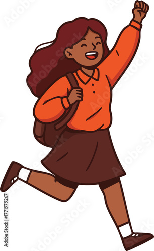 Happy schoolgirl running with backpack in orange sweater and brown skirt cheerful and energetic vector illustration 