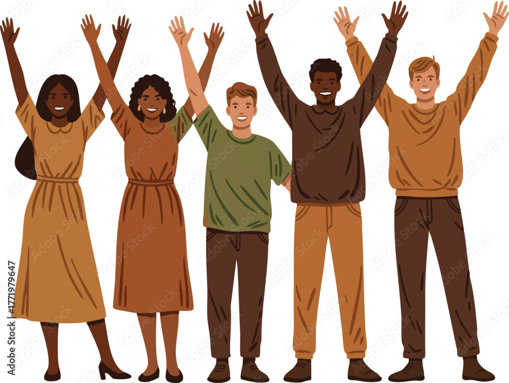 Fototapeta premium Diverse group of happy people raising hands in casual clothes celebrating together vector illustration 