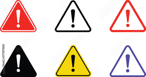 Colorful warning signs, triangle alert icons, exclamation mark symbols, safety vector illustration, caution clipart, hazard indicators, alert design, signage concept