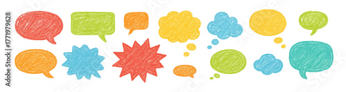 Speech bubbles doodle drawn crayons. Pencil talk speech cloud balloon box dialogue message vector icon