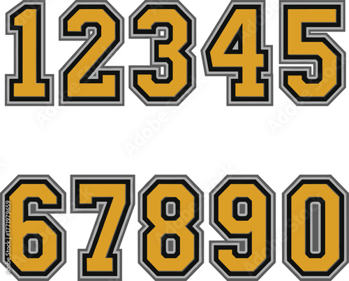 Gold stylized number set, bold 3D digits, black outline, sports jersey font, graphic design element, numeric vector art, stock image