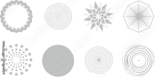 Geometric circular pattern set, abstract radial designs, symmetrical vector shapes, decorative mandala elements, modern minimal art, stock illustration, design asset