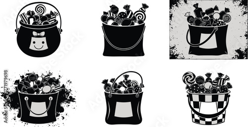 Halloween candy bucket vector set, black silhouette icons, lollipop and sweets, spooky container design, festive graphic, stock illustration