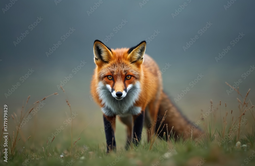 Obraz premium Wild red fox stands alert in green field. Animal stares directly with bright orange eyes, observing surroundings. Bushy tail, black legs, white chest fur. Natural habitat outdoor wilderness.
