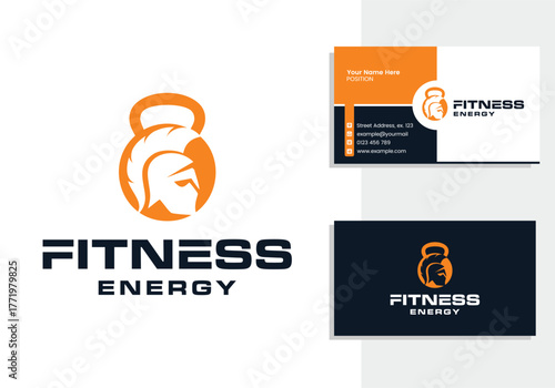 Fitness, kettlebell gym logo and business card design template