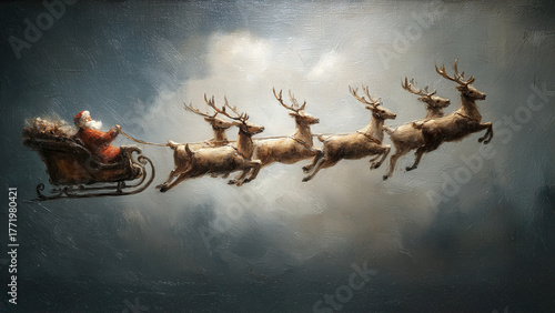 Vintage Santa Claus and Reindeer Flying Through the Sky — Classic Christmas Oil Painting Style