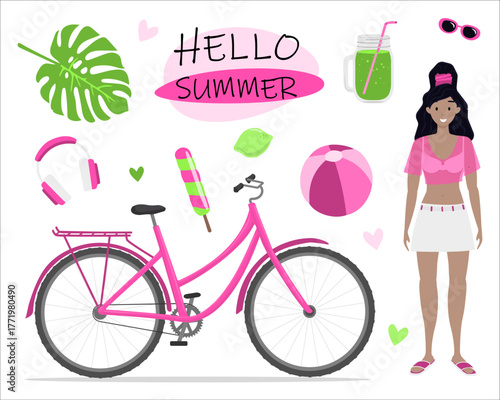 Bright summer vibes with a pink bicycle and woman