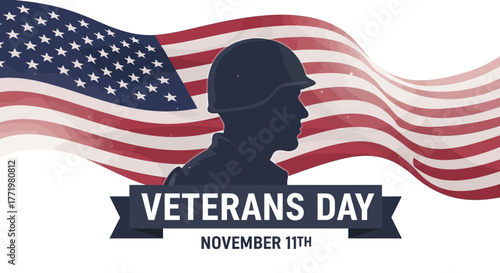 Veterans Day silhouette poster with flag and soldier profile