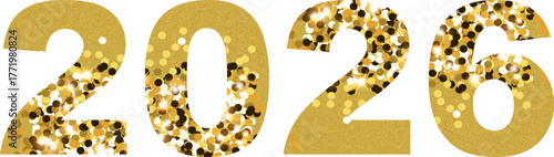 Golden glitter 2026 number design. Shiny festive typography with sparkling confetti effect, isolated on white background. Perfect for New Year, celebration, or holiday decor, transparent PNG.