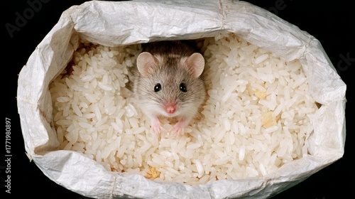 Closeup of a tiny brown mouse nestled inside an open rice sack with scattered grains and a clean white fabric background