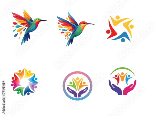 Colorful abstract human figures and hummingbirds in motion isolated on transparent background silhouette