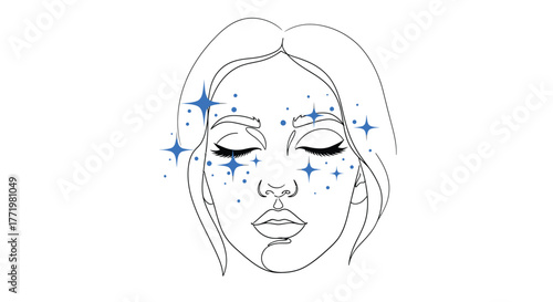 A serene face with sparkling details and a delicate line silhouette