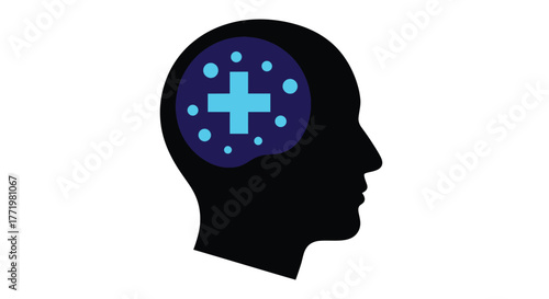 Human head profile containing a glowing brain with dots a beautiful silhouette