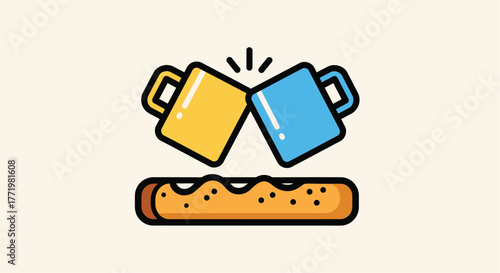 Two colorful mugs clinking above a delicious donut a friendly silhouette