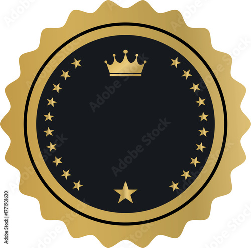 Gold and Black Circular Badge with Crown and Stars on White Background, emblem seal related to gold badge, black badge, circular emblem, crown stars, emblem seal, luxury design, premium badge,