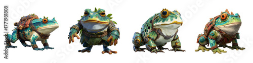 Enchanting fantasy frogs ready for adventure, vibrant and detailed, perfect for game development, book illustrations, or whimsical designs, originally scalable vector graphics