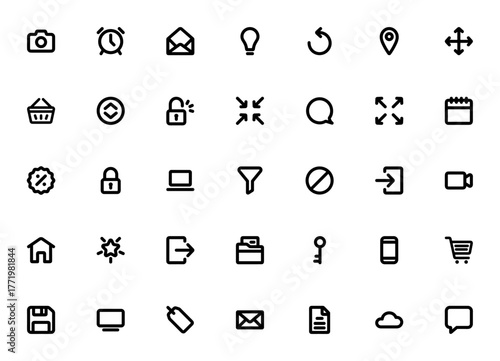 UI_5854 icon set. Minimal vector icons pack. Include symbols for camera, alarmclock, mail, lightbulb, reresh, map, cart, lock, smatphone, calendar, save, hoe and more. Editable strok.