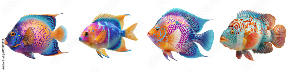Fototapeta premium Four vibrant tropical fish swimming gracefully, an assortment of colorful aquatic life, a dynamic display of marine biodiversity, originally created as vector art