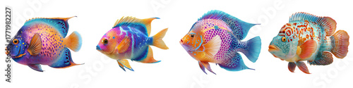 Four vibrant tropical fish swimming gracefully, an assortment of colorful aquatic life, a dynamic display of marine biodiversity, originally created as vector art