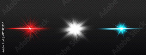 A series of red, white, and blue flashes of light. Lens flares, starbursts.