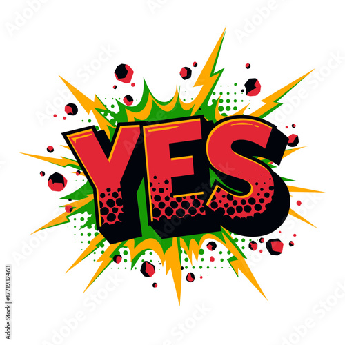 "YES" comic book style text with explosive design and vibrant colors
