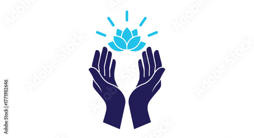 Hands cradling a lotus flower with radiating lines a calming silhouette