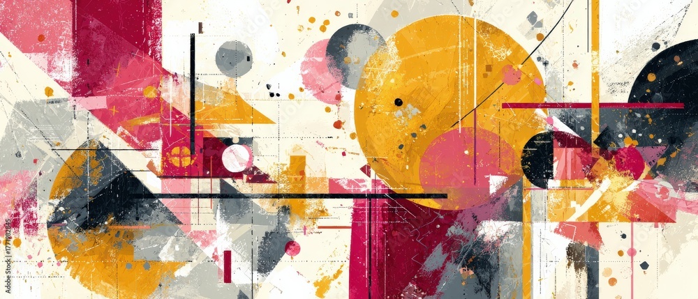 Fototapeta premium Abstract geometric painting with circles, triangles, and rectangles in a modern art style with bold colors and textured brushstrokes Concept of creativity, design, and artistic expression