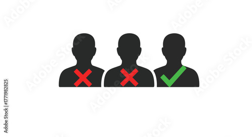 Three anonymous figures with check and cross symbols dark silhouette