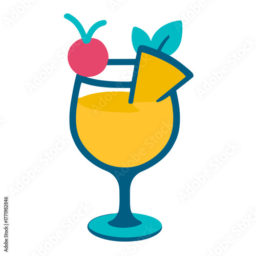 Refreshing tropical cocktail in a glass with cherry and pineapple decoration on a white background
