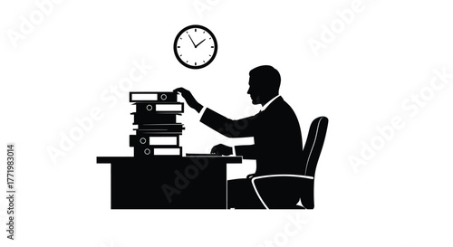 Man working at a desk with clock paperwork and office chair silhouette