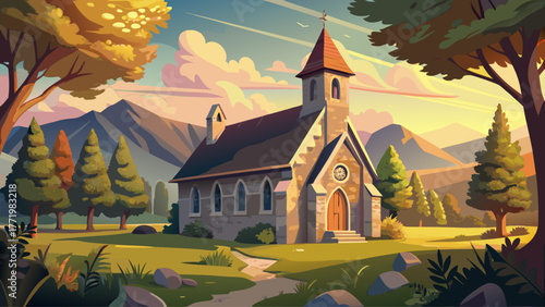 Vector of an old stone church in countryside, surrounded by trees and grass, warm morning sunlight, realistic nostalgic rural setting