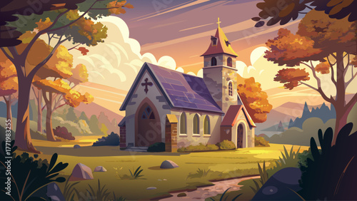 Vector of an old stone church in countryside, surrounded by trees and grass, warm morning sunlight, realistic nostalgic rural setting