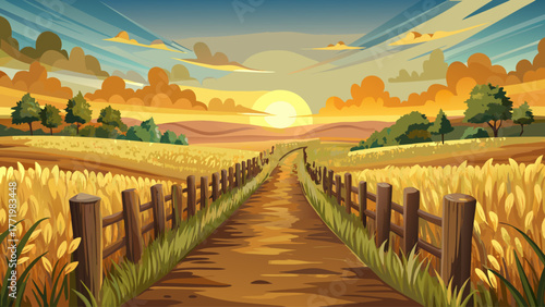 Realistic vector of a narrow dirt path leading through old wheat fields, wooden fences on both sides, golden sunset, peaceful vintage countryside vibe