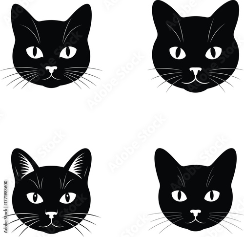 Four distinct black cat faces with expressive eyes and textured fur presented in a clean minimalist graphic illustration on a white background suitable for various design projects