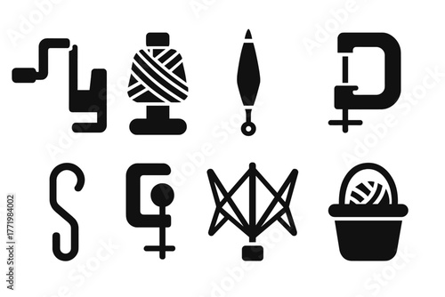 Winding Tools Icons. Solid style icons of winding process tools: Hand Crank, Yarn Winder, Spindle Arm, Table Clamp, Guide Hook,