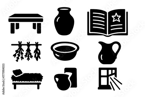 Historical Medical Icons. Solid style icons of historical medical setting: Stone Table, Clay Jar, Open Grimoire, Hanging Herbs,