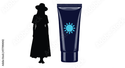 Sunscreen tube and elegant woman in vintage style silhouette