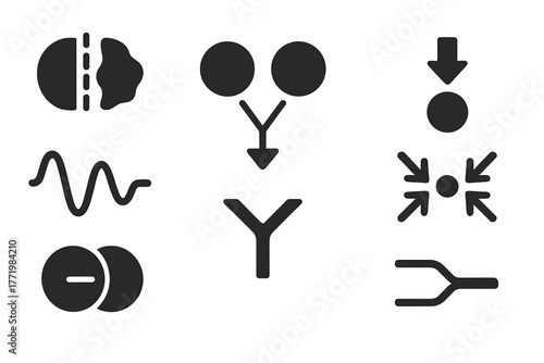 Symmetry Breaking Icons. Solid style icons of symmetry breaking: Mirror Split Icon, Dual-State Divergence, Energy Drop Arrow,