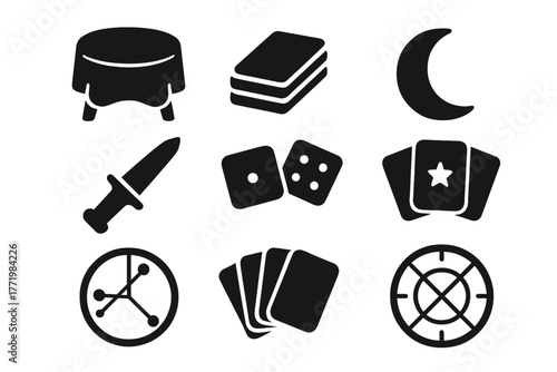 Tarot Reading Essentials. Solid style icons of tarot reading setup: Round Table, Draped Cloth, Deck Stack, Moon Symbol, Ritual