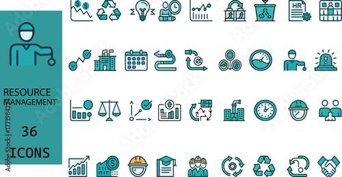 Comprehensive set of 36 resource management icons for business and project planning