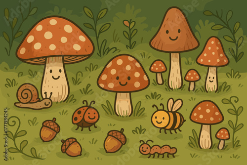 Whimsical Forest Wonderland. Charming forest floor with doodle mushrooms, tiny insects with grins, and scattered acorns