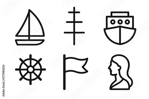 Ship Symbol Icons. Line style icons of ship symbols: sail, mast, hull, rudder, flag, figurehead. No text, No labels, isolated