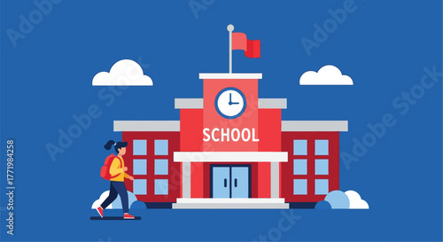 Red brick school building with a student walking a flat design silhouette