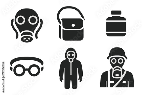 Vintage Gas Mask Icons. Solid style icons of Early Gas Mask: Vintage Gasmask, Bag, Filter, Eye Pieces, WWI, Straps, Canister,