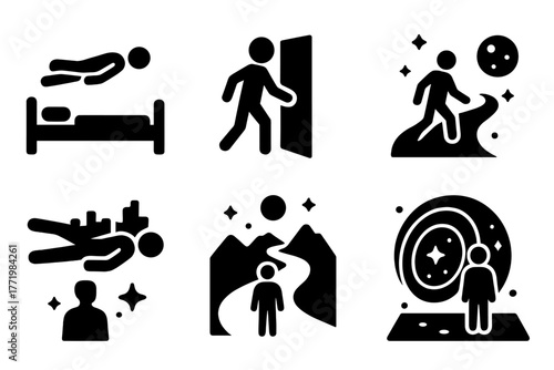 Astral Travel Icons. Solid style icons of astral travel journey: Floating Above Bed, Passing Through Wall, Celestial Path, City