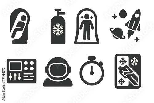 Futuristic Cryostasis Icons. Solid style icons of Futuristic Cryostasis: Pod, Cryo-Gas, Future Awakening, Space Travel, Control