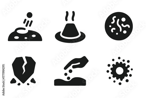 Space Impact Icons. Solid style icons of impact and delivery: Planetary Surface Impact, Crater with Core, Heat Shielded Capsule,