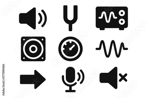 Sound Tool Icons. Solid style icons of sound transmission tools: Speaker Cone, Tuning Fork, Audio Oscillator, Subwoofer Symbol,