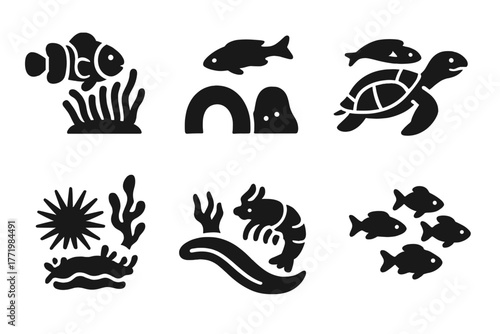 Marine Species Interactions. Solid style icons of marine species interactions: Clownfish and Anemone, Goby and Burrow, Wrasse and